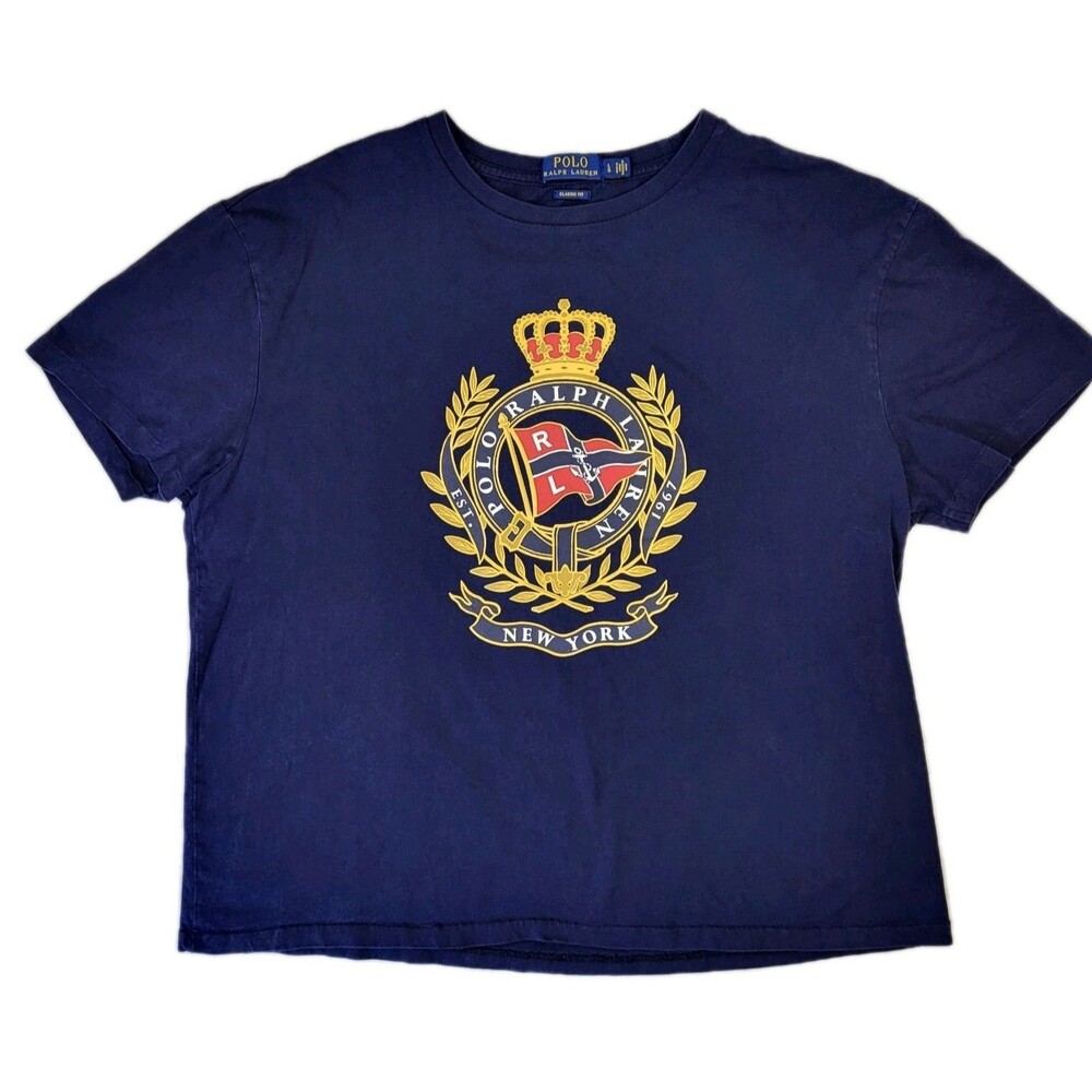 Polo Ralph Lauren T-Shirt New York Crest Logo Men's Large Navy Blue Prep Classic